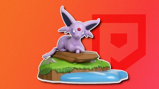Pokemon figures: A figure of Espeon lounging on a rocky outcrop above a river, outlined in white and pasted on a red PT background