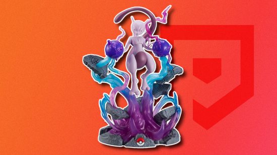 Pokemon figures: A Mewtwo figure featuring the Pokemon levitating off the ground with two psychic power balls in its hands and colourful lightning flying around it, outlined in white and pasted on a red PT background