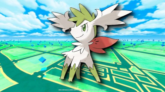 Pokémon Go's Shaymin looking off to the left of the screen in front of a blurry green background