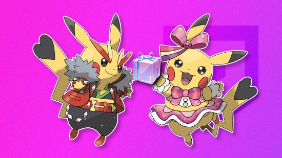 Pokémon Go friends - Two Pikachu in different outfits with a gift floating above them