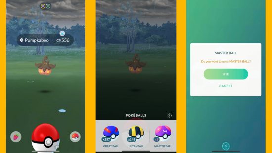 Pokemon Go Master Ball: Screenshots show a user using the Pokémon Go Master Ball