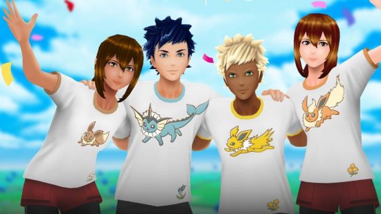Pokemon Go Party Play: several Pokemon Go Trainers stand together arm in arm.
