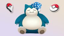 Pokémon Go Plus - a Snorlax wearing a night cap against a white background with two Pokémon Go Plus devices next to him