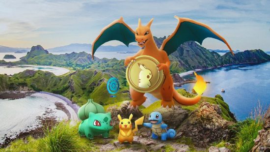 Pokémon Go promo codes - Charizard, Bulbasaur, Squirtle, and Pikachu standing atop a mountain