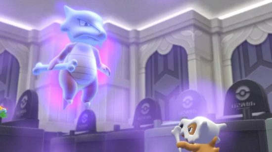 Pokemon Lavender Town: a crying cubone looks up at a ghost of Marowak