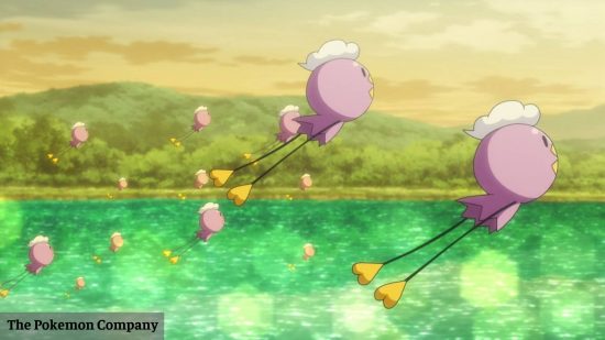 Pokemon Lavender Town: The pokemon Drifloon floats in the wind