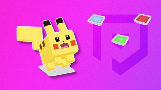 A pixelated Pikachu looking at some Pokémon Quest recipes