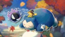 Pokemon Sleep Halloween: Painterly artwork of Snorlax, Gastly, Pikachu, and Cubone sleeping. Pikachu is sat on Snorlax's head and is wearing a witch hat. This is outlined in white and pasted on a blurred piece of art showing an autumnal full moon