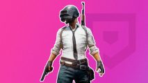 Custom image for PUBG Mobile download guide with the PUBG mascot in his helmet on a purple background