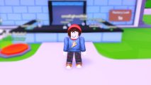 Rarity Factory Tycoon codes: A screenshot of the game showing a Roblox character with a pizza shirt and brown hair and a red beanie standing in front of the factory. The background and text has been blurred