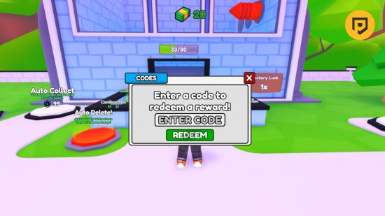 Rarity Factory Tycoon codes: A screenshot of the code redemption screen on top of a character standing in front of the factory. A PT logo is in the top right corner in a mango circle