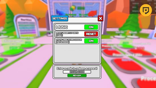 Rarity Factory Tycoon codes: A screenshot of the settings menu in the game showing the code entry box at the bottom. The game behind the menu is blurred. The PT logo is in a mango circle in the top right corner of the image