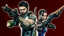 Resident Evil 5 Remake: Chris and Sheva aiming guns in front of a red background