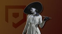 Resident Evil Lady Dimitrescu: Lady D outlined in white and pasted on a warm brown PT background. She is looking away from the camera and holding her cigarette holder aloft.