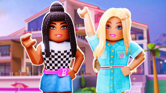 Roblox Barbie DreamHouse Tycoon: Brooklyn Barbie and Malibu Barbie in Roblox form, outlined in white and pasted on a slightly blurred Roblox dreamhouse in the sunset