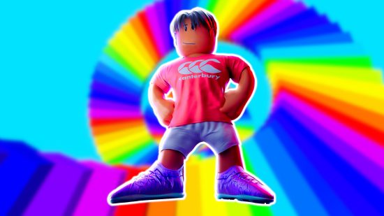 Roblox Canterbury Ultimate Easy Obby: A Roblox character wearing a red kit and purple rugby boots, outlined in white and pasted on a rainbow staircase screenshot from the game