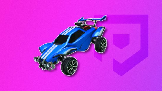 Rocket League logo: A blue Rocket League car on a purple PT background