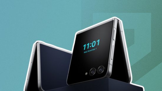 Custom image of the Samsung Galaxy Z Flip 5 retro displaying a digital display on a blue background
