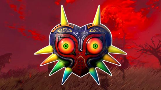 Scarlet Moon Halloween: An HD render of Majora's Mask outlined in white and pasted on a scene from Tears of the Kingdom where Zelda looks at a blood moon