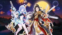Seven Knights Idle Adventure Halloween: Salem and Feng Yan outlined in white and pasted on a blurred image of the Prosperity Plaza