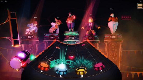 Skullbeat interview - a screenshot of Skullbeat gameplay showing players dancing on stage
