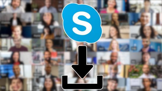 Custom image for Skype download guide with different faces behind the Skype logo and a download arrow