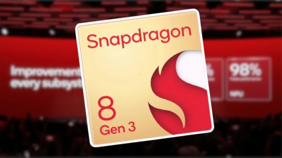 Custom image of the Snapdragon 8 Gen 3 chipset on a background screenshot of the live reveal from the Snapdragon Summit