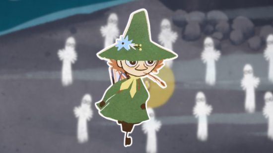 Snufkin: Melody of Moominvalley release date: Snufkin outlined in white and pasted on a blurred screenshot of the game featuring a band of white, ghost-like creatures surrounding Snufkin in the dark forest