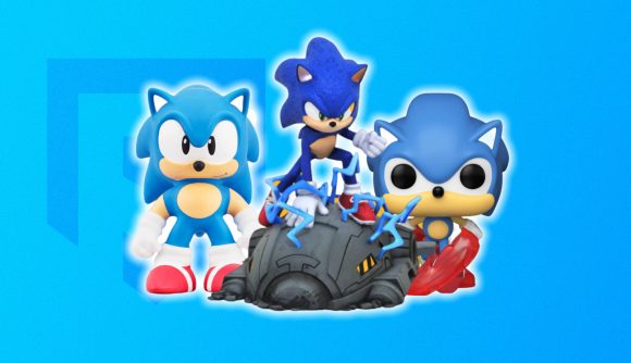 Sonic Figures: three Sonic toys in front of a blue background