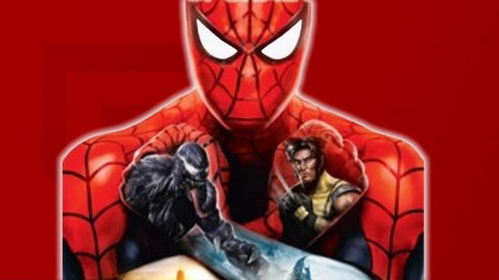 Spider-Man games: Spider-Man with Venom and Wolverine on his hands in front of a red background