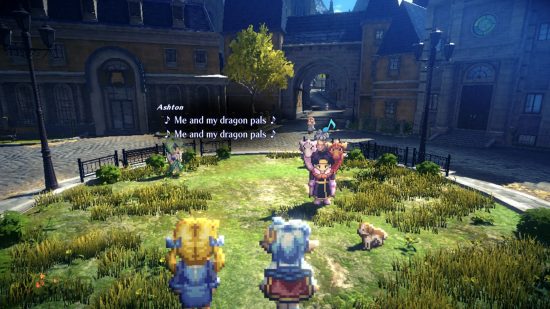 Star Ocean The Second Story R review - Welch and Rena watch Ashton perform a song and dance about his dragon companions