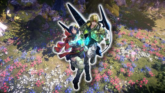 Star Ocean The Second Story R review - Rena and Claude against a background with pixelated flowers