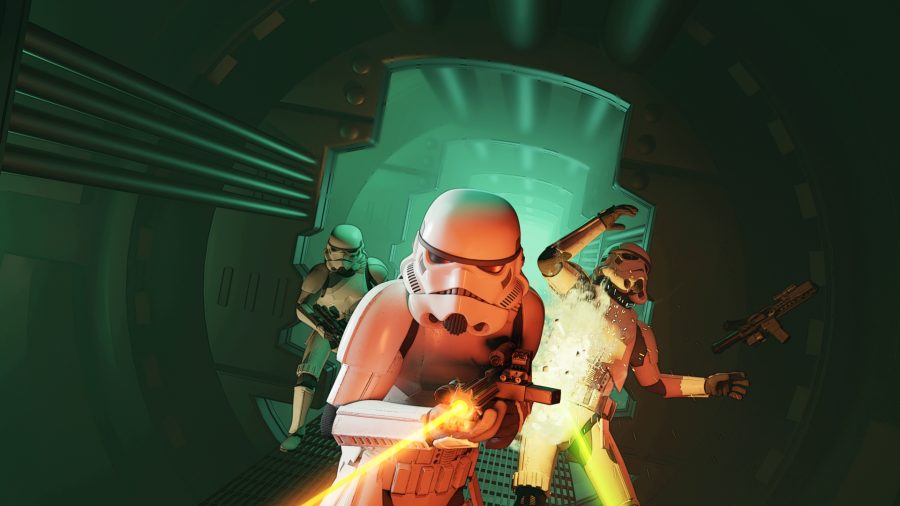 Three storm troopers in a green coridoor, the lead one is aiming a gun while the other falls backwards