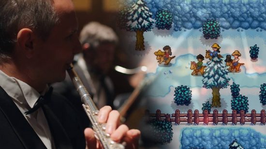 Stardew Valley concert series: live images of an orchestra are interlaced with screenshots from Stardew Valley, as several players ride horses through the snow