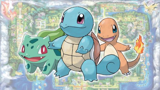 Starter Pokemon gen 1 Bulbasaur, Squirtle, and Charmander in front of a map of Kanto