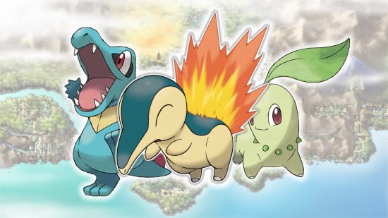 Starter Pokemon gen 2 Totodile, Cyndaquil, and Chikorita in front of a map of Johto