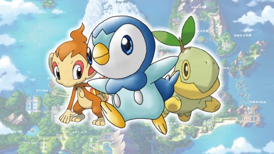 Starter Pokemon gen 4 Chimchar, Piplup, and Turtwig in front of a map of Sinnoh