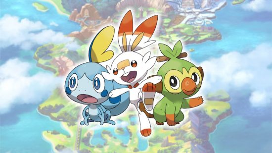 Starter Pokemon gen 8 Sobble, Cinderace, and Grookey in front of a map of Galar