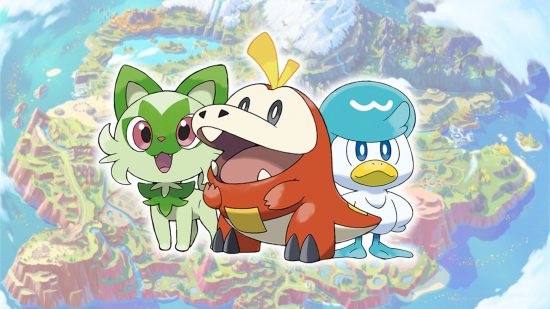 Starter Pokemon gen 9 Sprigatito, Fuecoco, and Quaxly in front of a map of Paldea