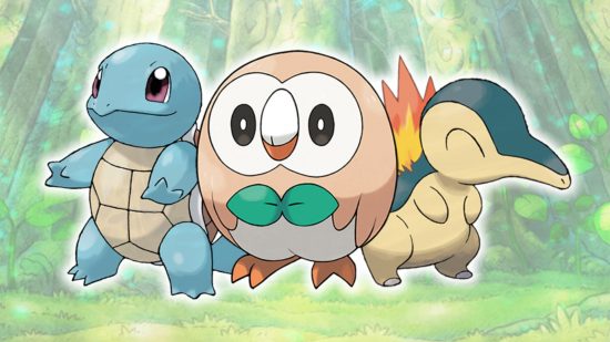 Starter Pokemon Squirtle, Rowlet, and Cyndaquil in front of a forest