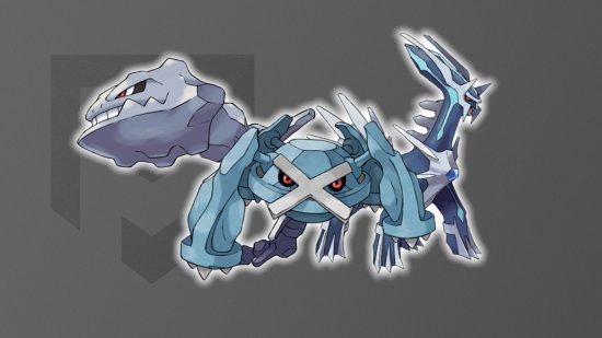 Steel Pokemon weakness: Steelix, Metagross, and Dialgo in front of a grey background