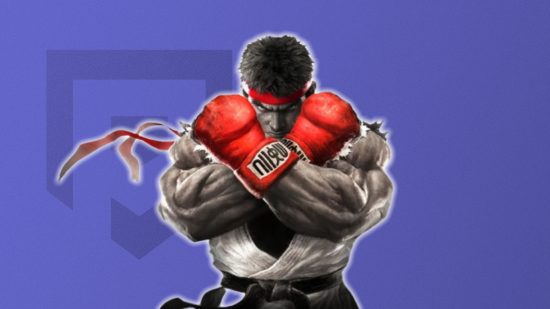 Street Fighter characters: Ryu in front of light purple background