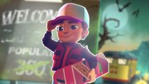 Subway Surfers Back to the Future: Outatime Jake dressed as Marty McFly, holding a special red hoverboard, outlined in white and pasted on a blurred Halloween Subway Surfers background