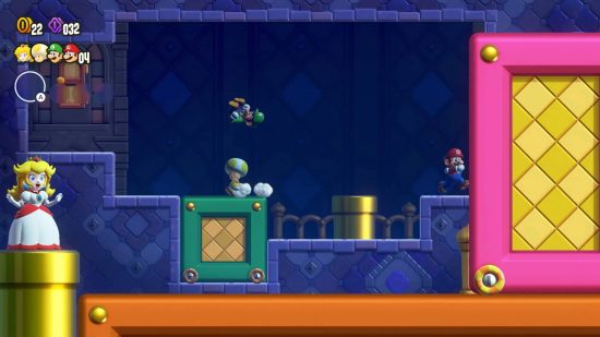 Super Mario Bros. Wonder review: Mario and pals explore a level, with different characters visible at different depths