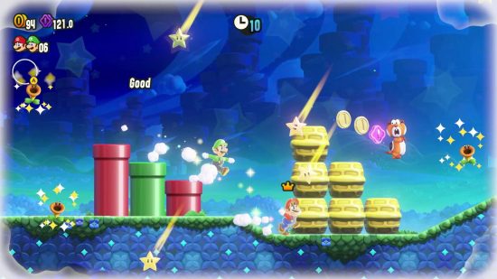 Super Mario Bros. Wonder review: Mario and Luigi run through a level with the invincible star power