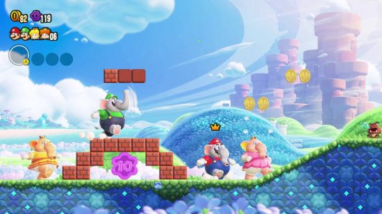 Super Mario Bros. Wonder review: Mario, Luigi, Peach, and Daisy, all explore a level in Elephant form