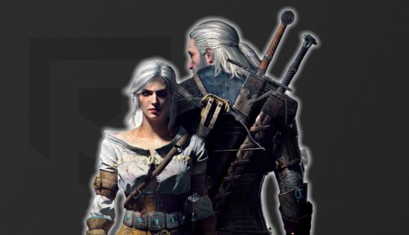 The Witcher games: Ciri and Geralt posing in front of a black background