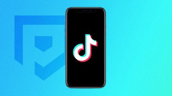 TikTok download: The TikTok logo on a black background on an iPhone, which is pasted on a blue PT background