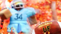 Ultimate Football codes: key art from the Roblox game Ultimate Football shows a Roblox avatar dressed like a football player walking through an Autumnal clearing, approaching a ball