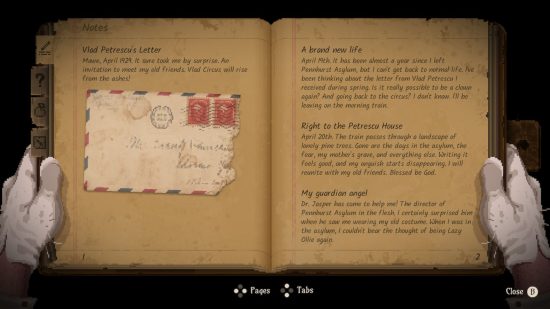 Vlad Circus: Descend into Madness review -a screenshot of Oliver's diary, showing a letter and a few entries about returning to the circus 